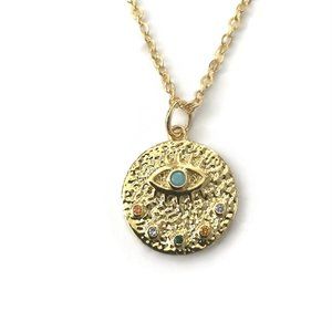 Small Evil Eye Multi Color Cubic Zirconia Turquoise Medallion Charm Necklace